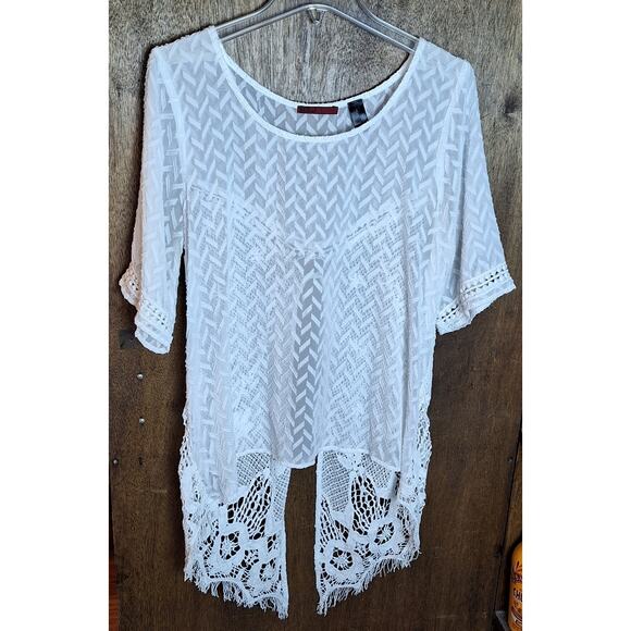 BKE Red Women Large White Lace Open Back High/Low Blouse Boho Festival Top - Picture 2 of 7